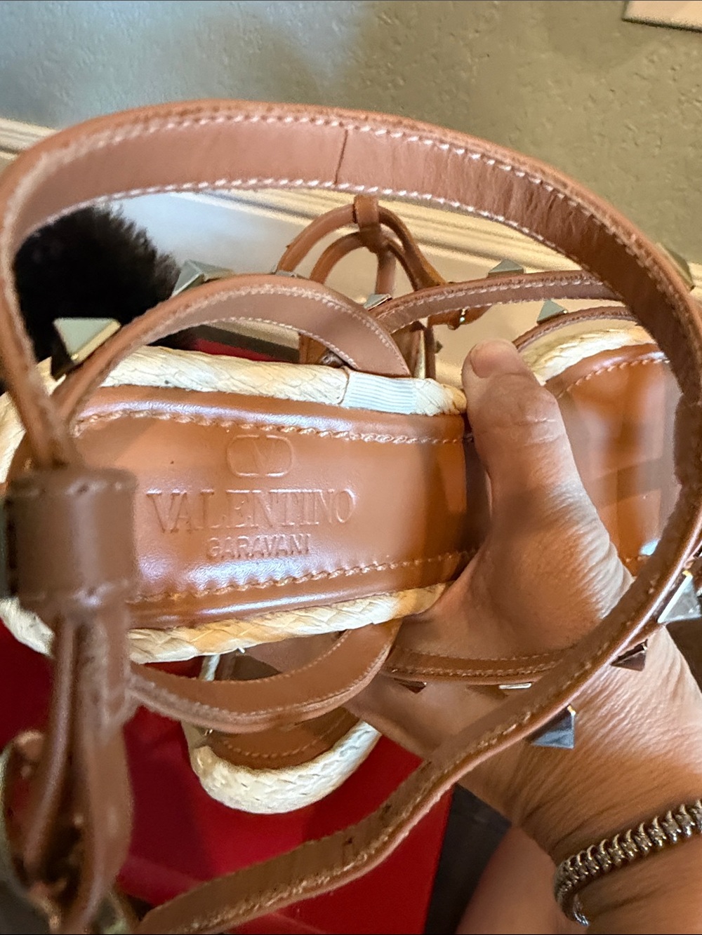 Valentino Garavani Rockstud Espadrille Wedge Sandals in Almond - Picture 5 of 10